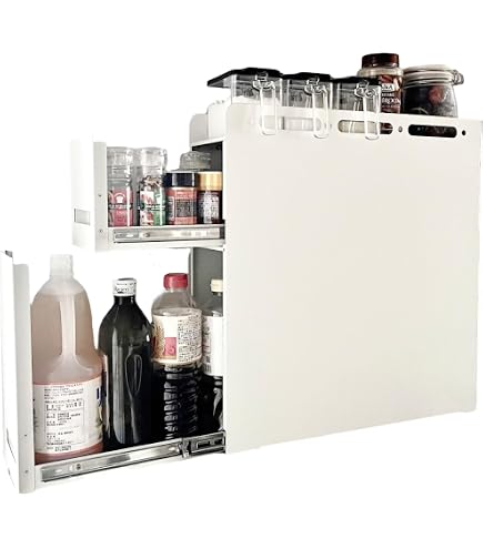 Amazon｜隠せる調味料ラック 1段 幅14.4cm 奥行45cm 高さ37.3cm 台所用